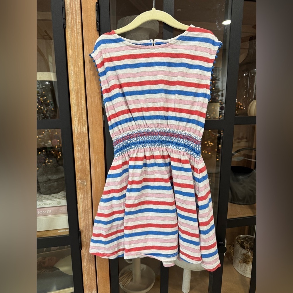Mini Boden striped dress pom poms toddler girl cobalt pink strawberry tart smock